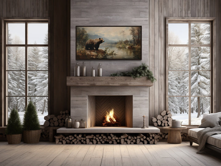 Grizzly Bear In Nature On The River Framed Canvas Wall Art above fireplace