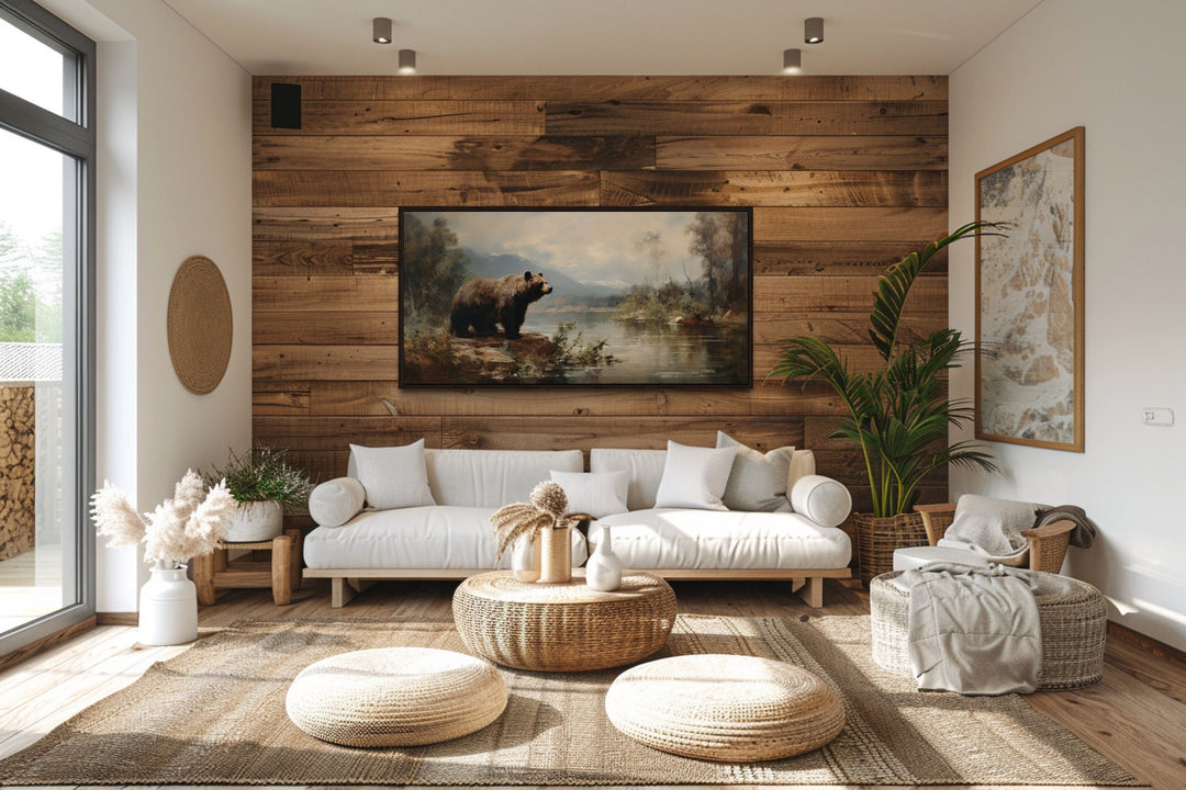 Grizzly Bear In Nature On The River Framed Canvas Wall Art in rustic lodge on wooden wall