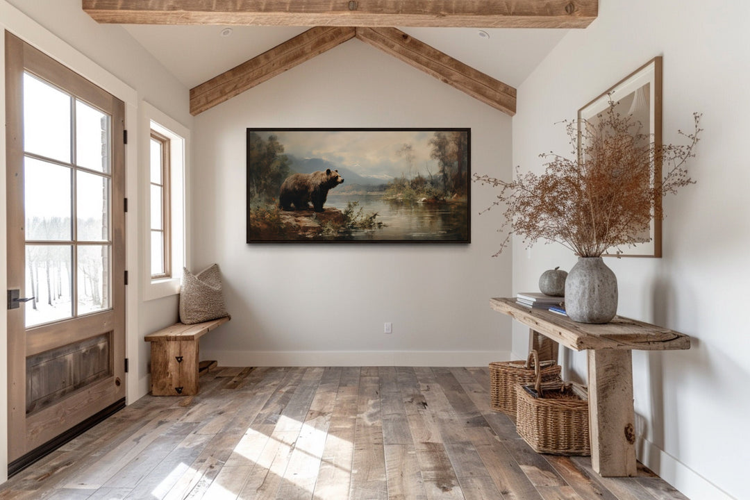 Grizzly Bear In Nature On The River Framed Canvas Wall Art in rustic lodge