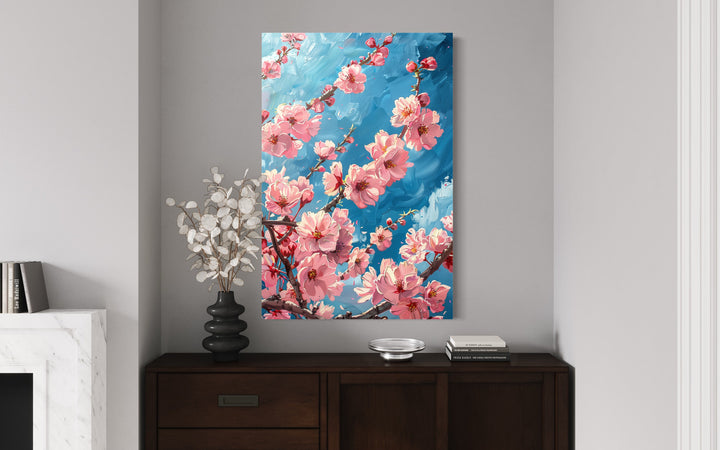 Cherry Blossom Sakura Branch Framed Canvas Wall Art in cozy nook