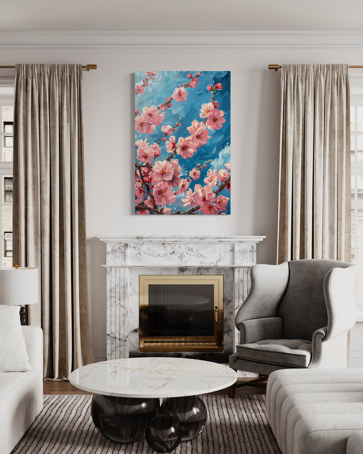 Cherry Blossom Sakura Branch Framed Canvas Wall Art above fireplace