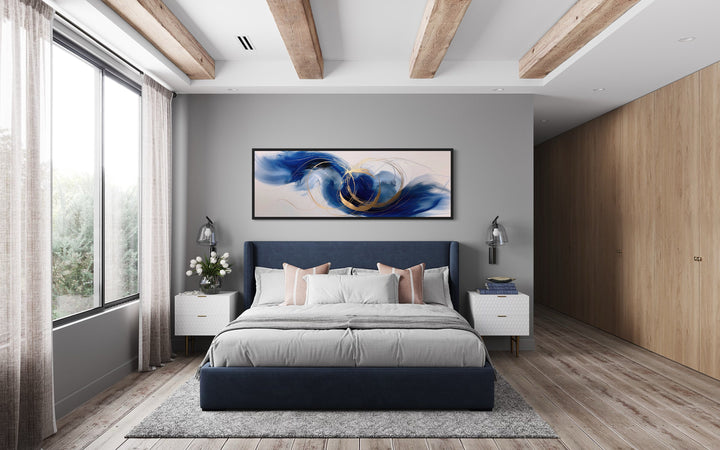 Blue White Gold Minimalist Abstract Narrow Horizontal Above Bed Wall Art with black frame