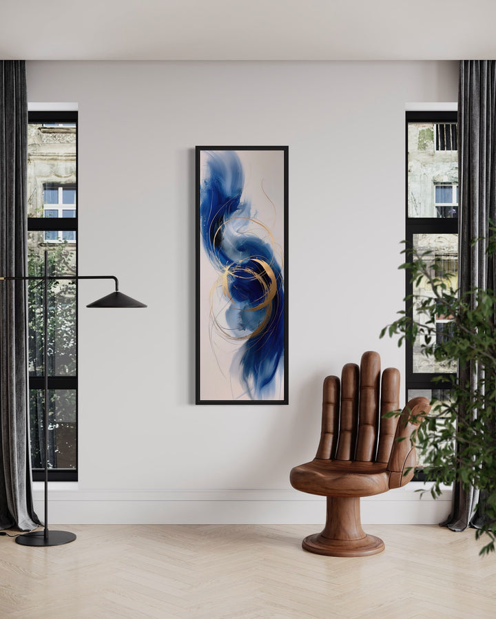 Vertical Tall Narrow Blue Gold White Abstract Living Room Wall Art