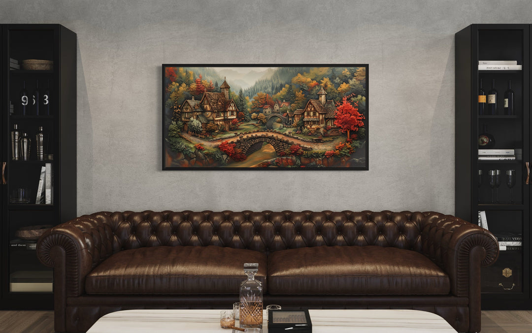 Whimsical Medieval Village With Tudor Houses Framed Canvas Wall Art in living room