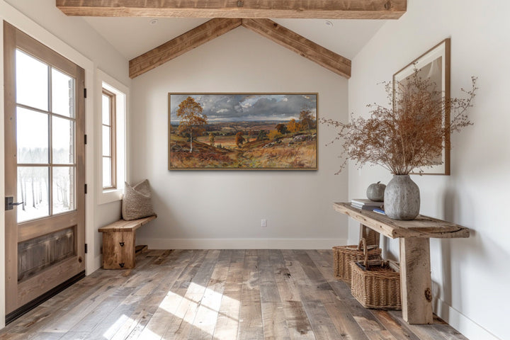 Antique Farm Landscape In Autumn Framed Canvas Wall Art in rustic farmhouse room