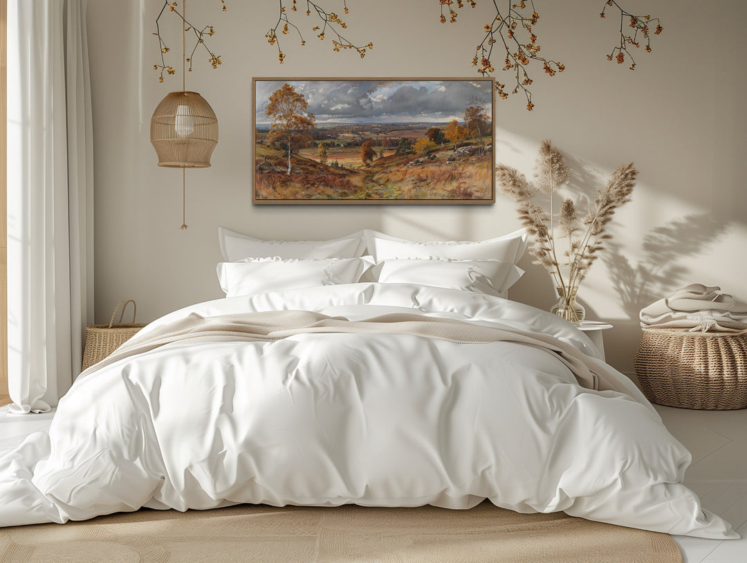 Antique Farm Landscape In Autumn Framed Canvas Wall Art above bed