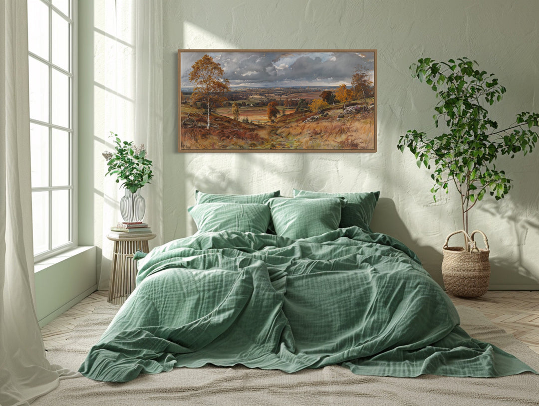 Antique Farm Landscape In Autumn Framed Canvas Wall Art above bed