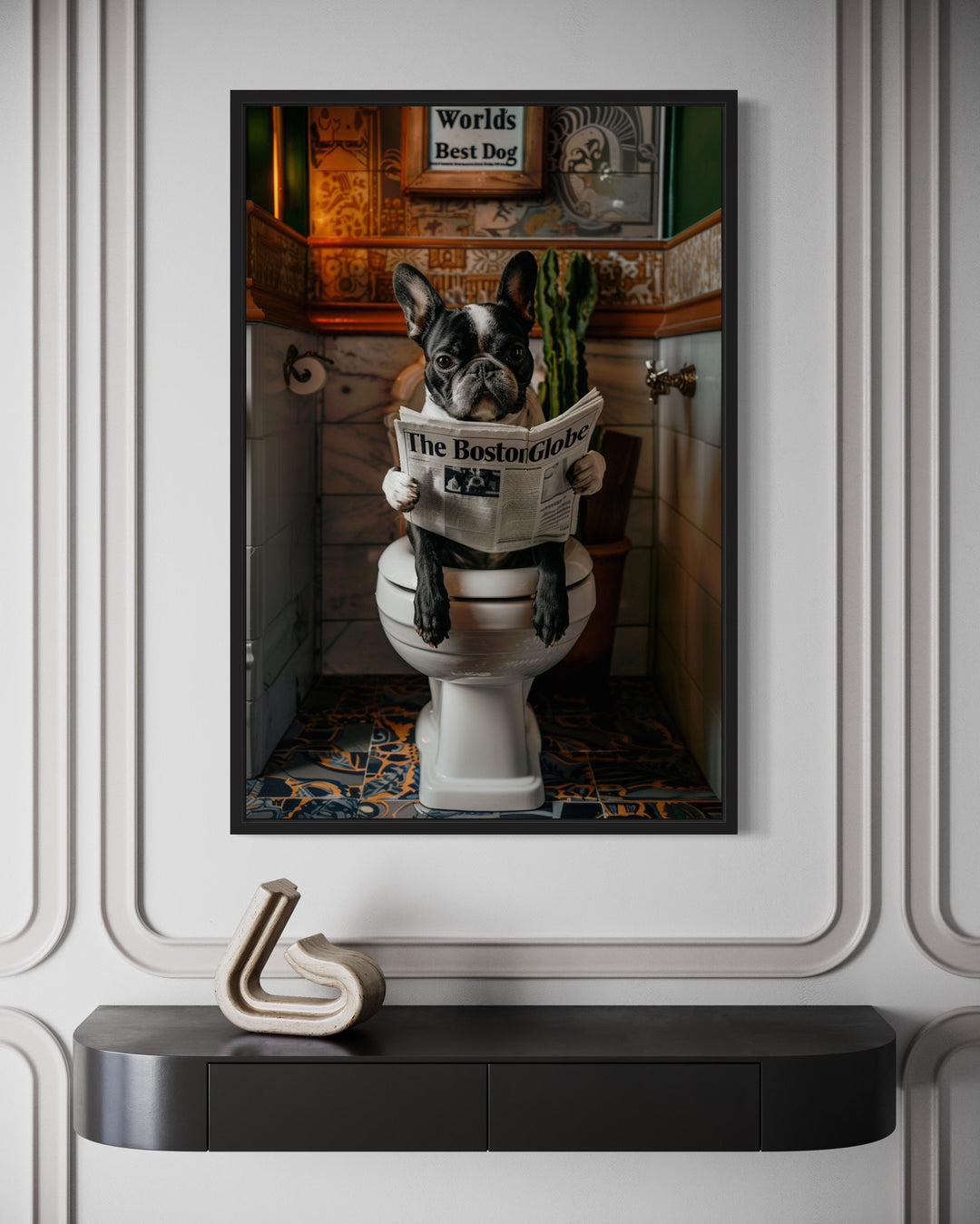 Boston Terrier On Toilet Reading Newspaper Framed Canvas Wall Art close up