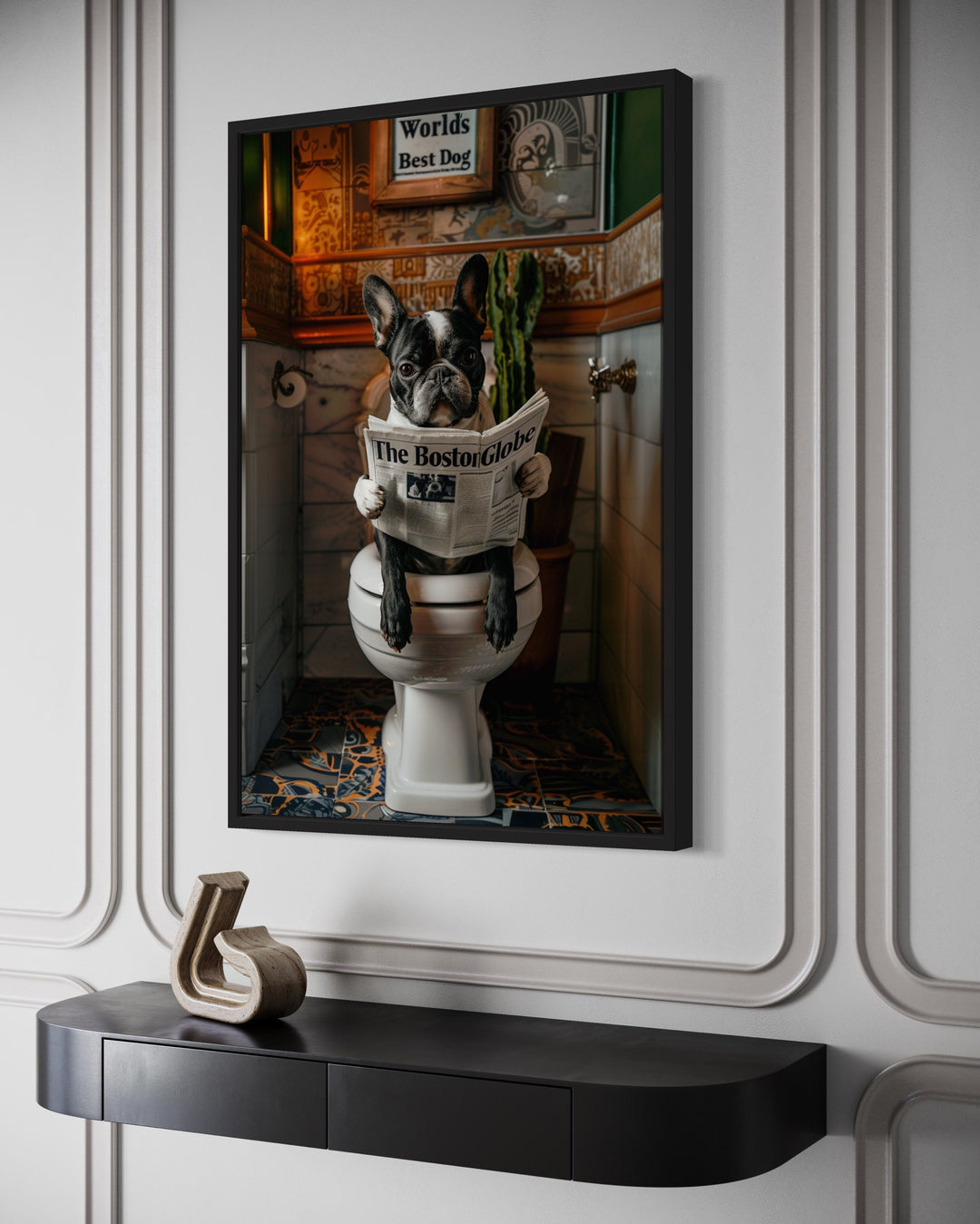 Boston Terrier On Toilet Reading Newspaper Framed Canvas Wall Art side view