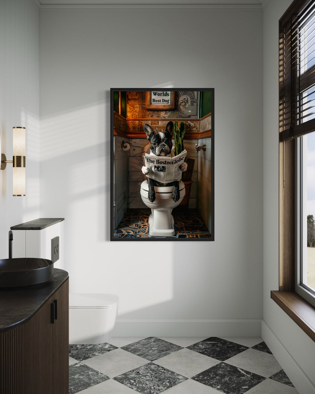 Boston Terrier On Toilet Reading Newspaper Framed Canvas Wall Art