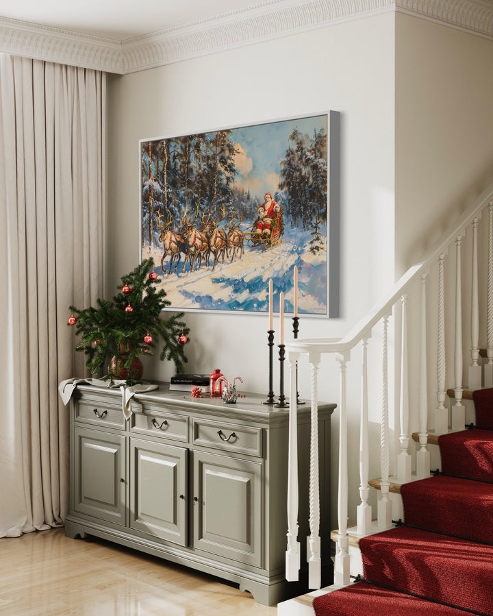 Santa In Sleigh Pulled By Reindeer In The Forest Christmas Wall Art in decorated room side view