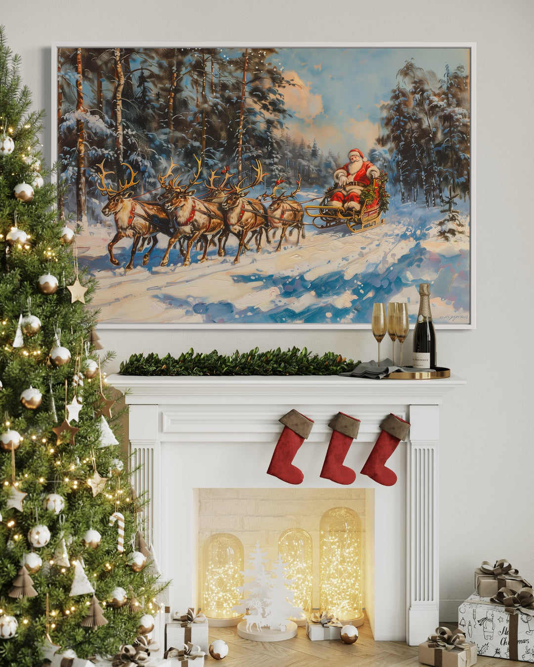 Santa In Sleigh Pulled By Reindeer In The Forest Christmas Wall Art