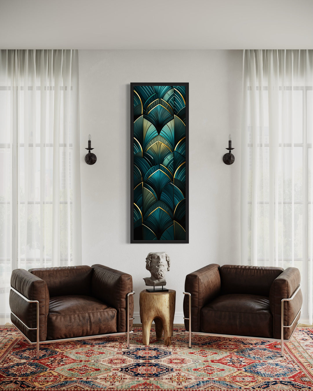 Vertical Art Deco Tall Narrow Gold Black Green Wall Art behind armchairs