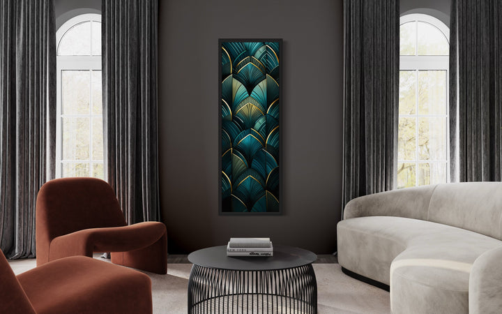 Vertical Art Deco Tall Narrow Gold Black Green Wall Art in living room