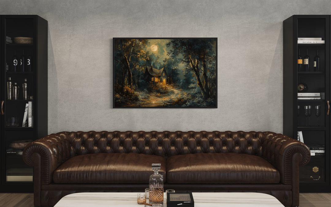 Haunted Cabin In The Forest Under Full Moon Framed Halloween Wall Art in living room