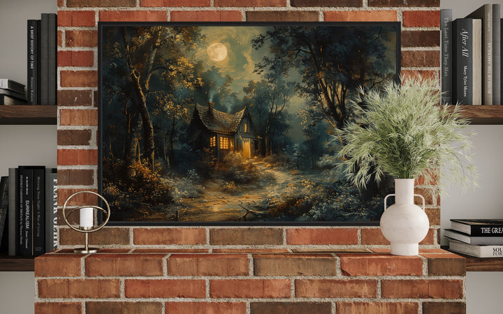 Haunted Cabin In The Forest Under Full Moon Framed Halloween Wall Art on brick wall