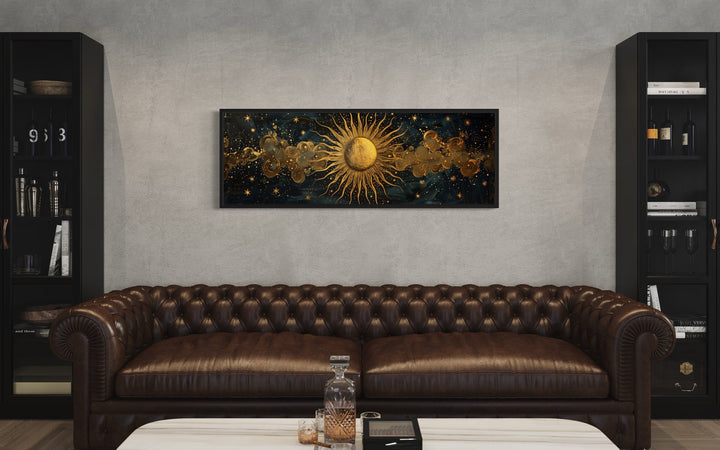 Black and Gold Sun Long Narrow Horizontal Framed Canvas Wall Art