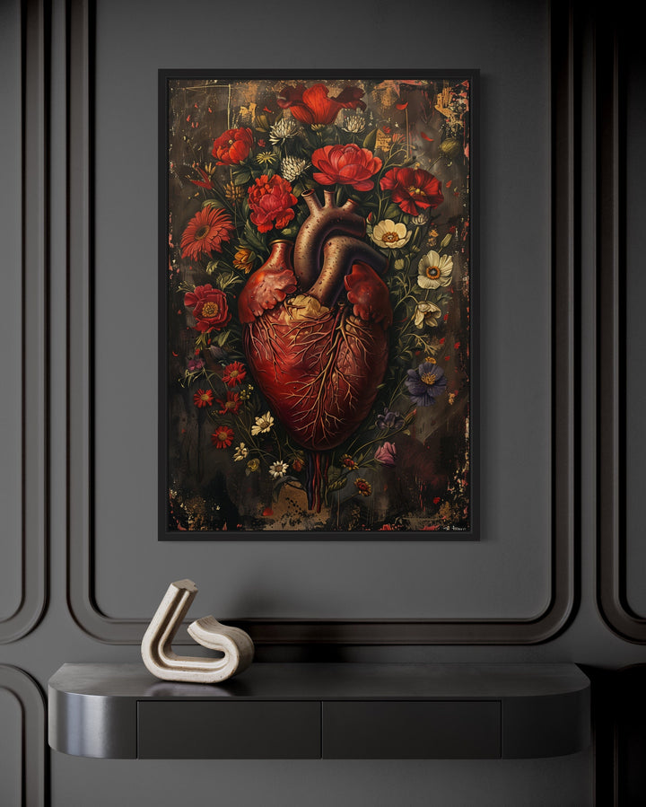 Gothic Human Heart And Flowers Framed Halloween Wall Art close up