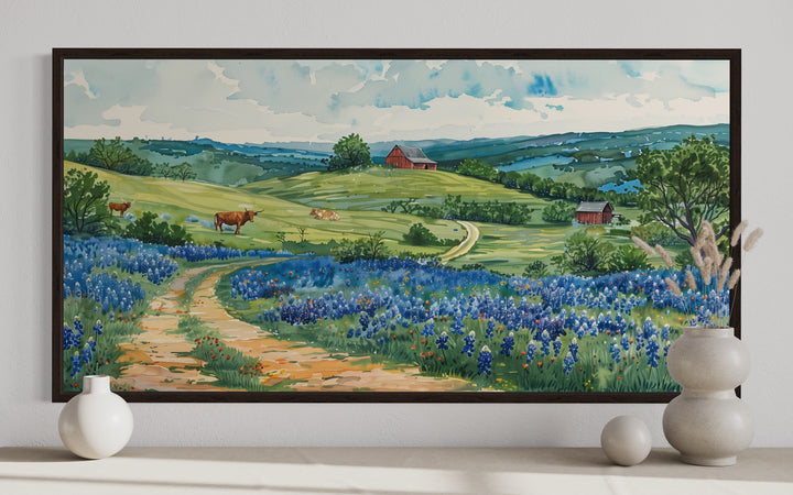 Hill Country Landscape With Longhorn Cows And Bluebonnets Texas Wall Art close up