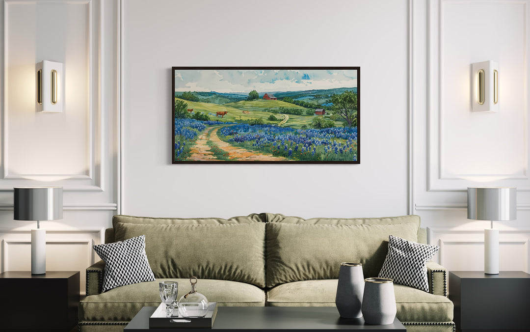 Hill Country Landscape With Longhorn Cows And Bluebonnets Texas Wall Art in living room