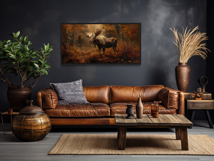 Moose in Autumn Forest Framed Canvas Wall Art in living room