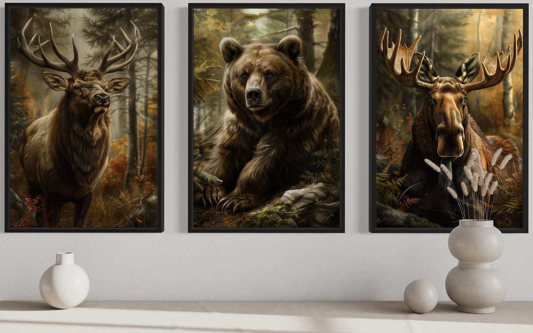 Set of 3 Cabin Wall Decor Forest Wildlife Animals - Bear, Moose And Elk Paintings close up