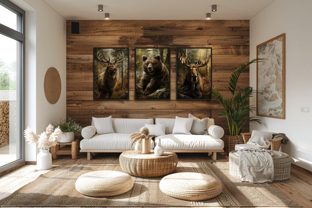 Set of 3 Cabin Wall Decor Forest Wildlife Animals - Bear, Moose And Elk Paintings in rustic cabin