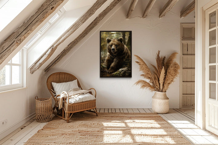 Bear In The Forest Framed Canvas Wall Art in rustic cabin