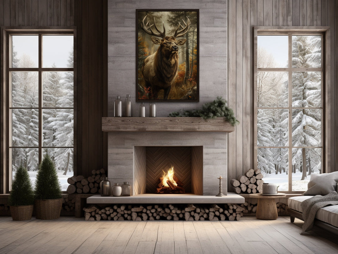 Elk In The Forest Framed Canvas Wall Art in winter cabin