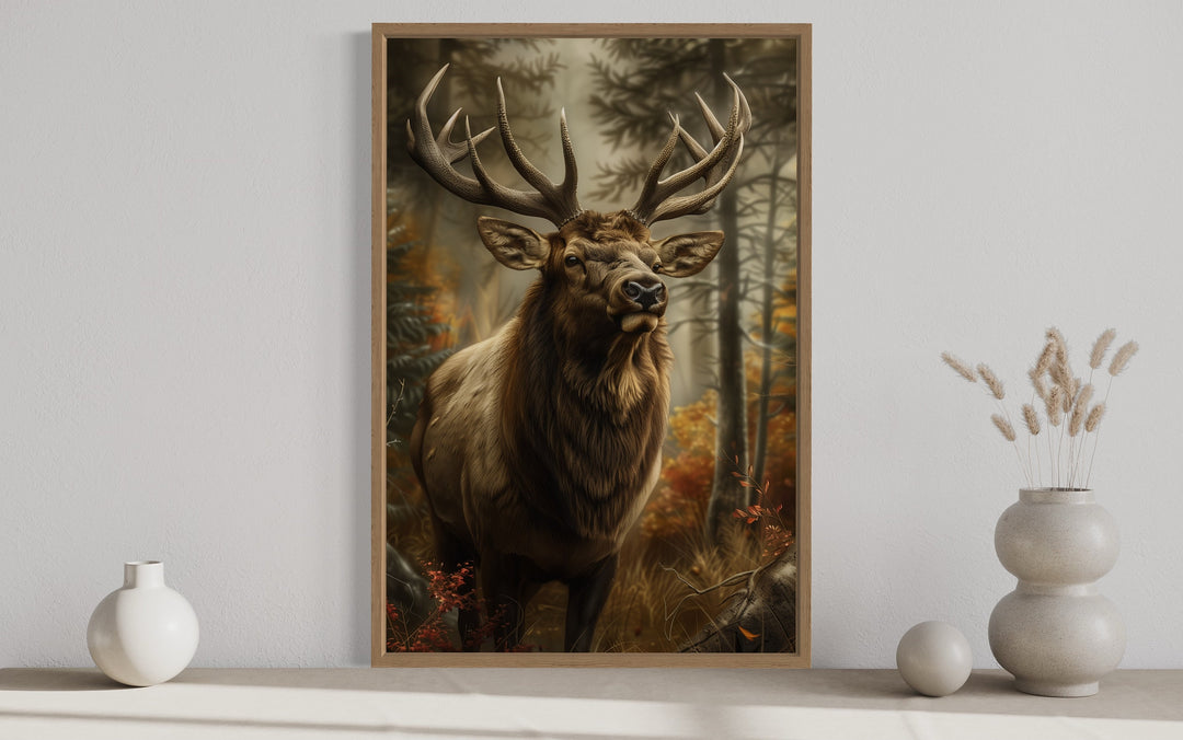 Elk In The Forest Framed Canvas Wall Art