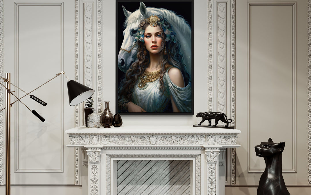 Epona Celtic Goddess of Horses, Fertility, Abundance Framed Canvas Wall Art above fireplace