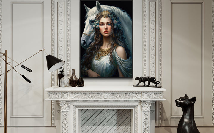 Epona Celtic Goddess of Horses, Fertility, Abundance Framed Canvas Wall Art above fireplace