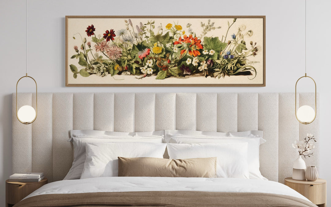 Vintage Botanical Watercolor Wildflowers Above Bed Wall Art