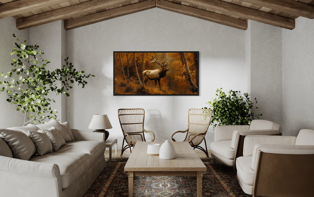 Elk in Autumn Forest Framed Canvas Wall Art in rustic cabin