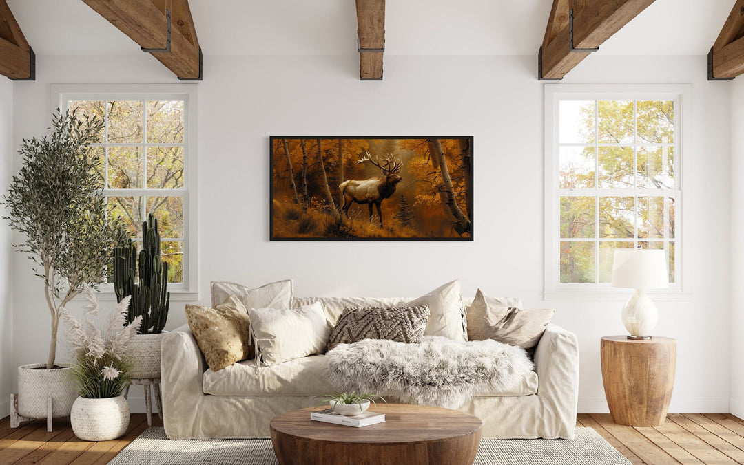 Elk in Autumn Forest Framed Canvas Wall Art