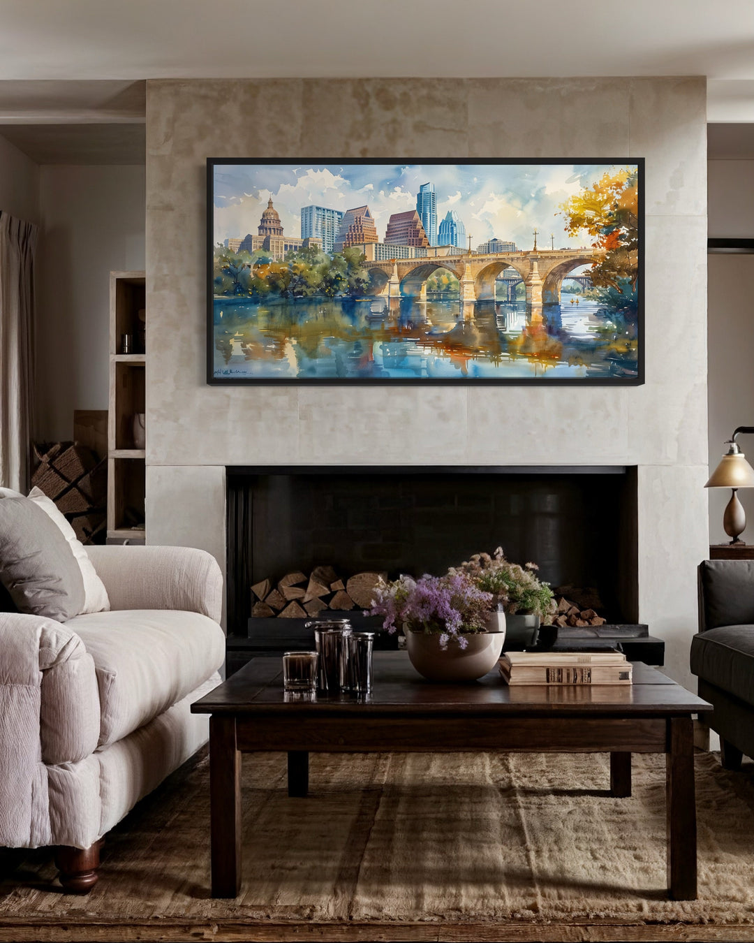 Austin Skyline With Bridge Watercolor Framed Canvas Wall Art above fireplace