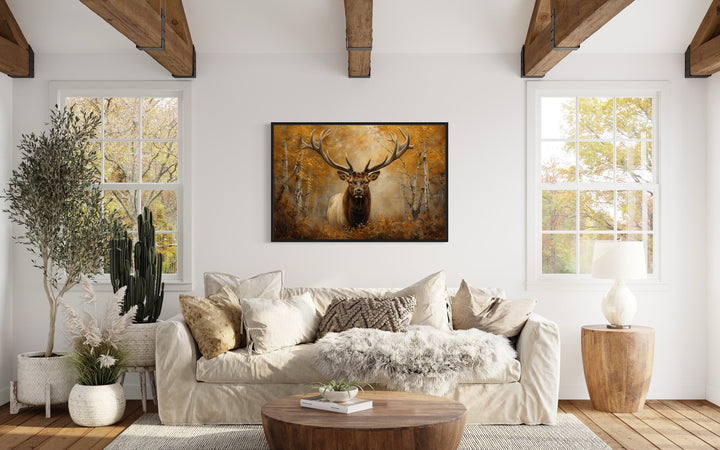 Elk Portrait In Autumn Forest Framed Canvas Wall Art in living room