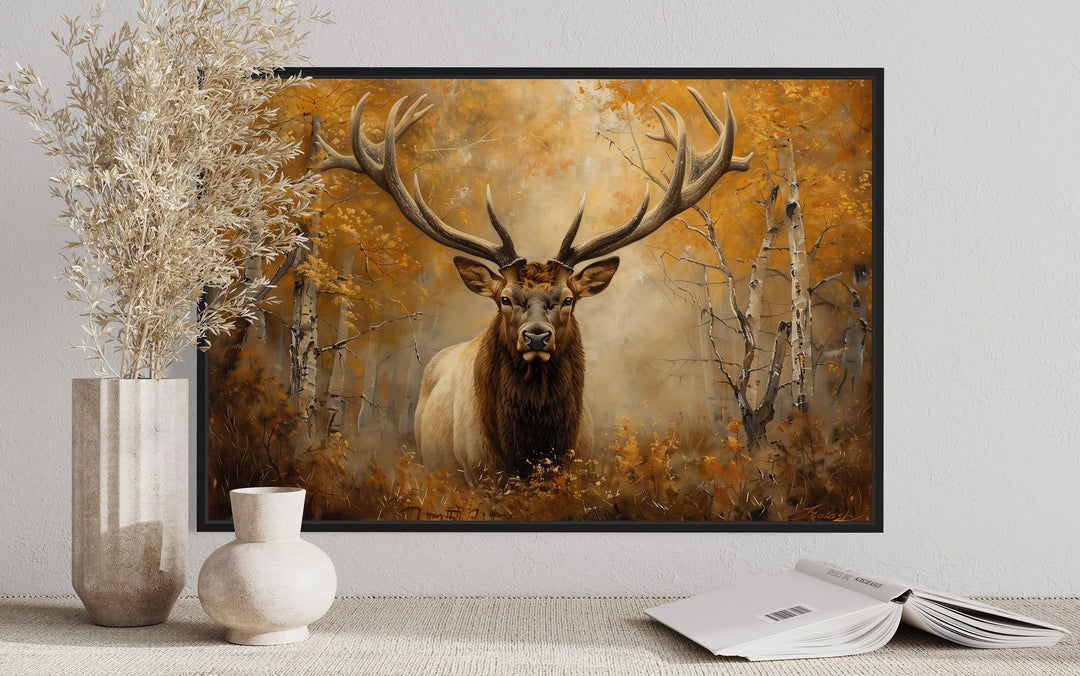 Elk Portrait In Autumn Forest Framed Canvas Wall Art close up