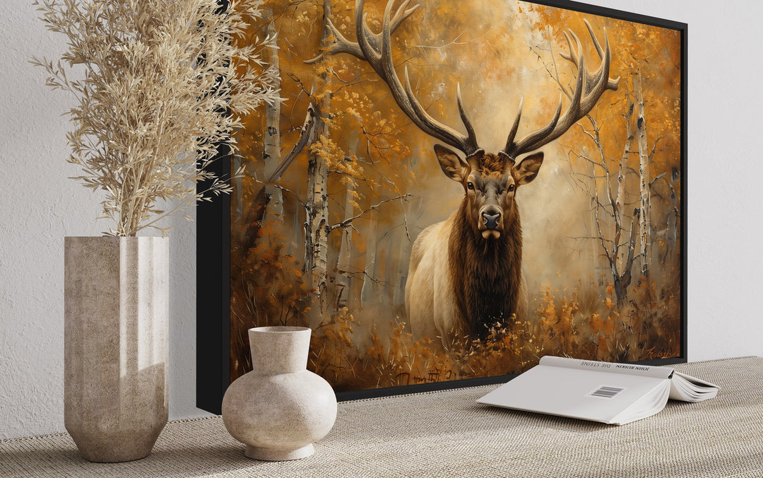 Elk Portrait In Autumn Forest Framed Canvas Wall Art side view