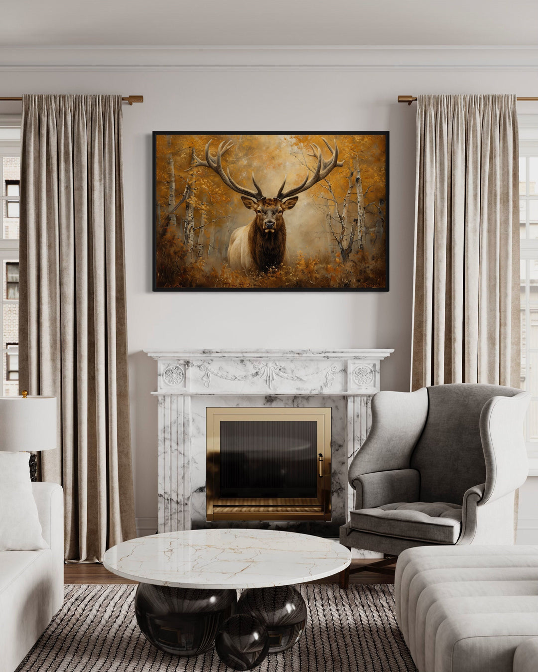 Elk Portrait In Autumn Forest Framed Canvas Wall Art