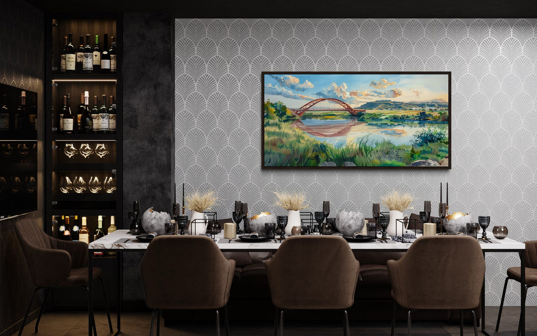 Pennybacker Bridge Watercolor Painting Austin Texas Wall Art in dining room