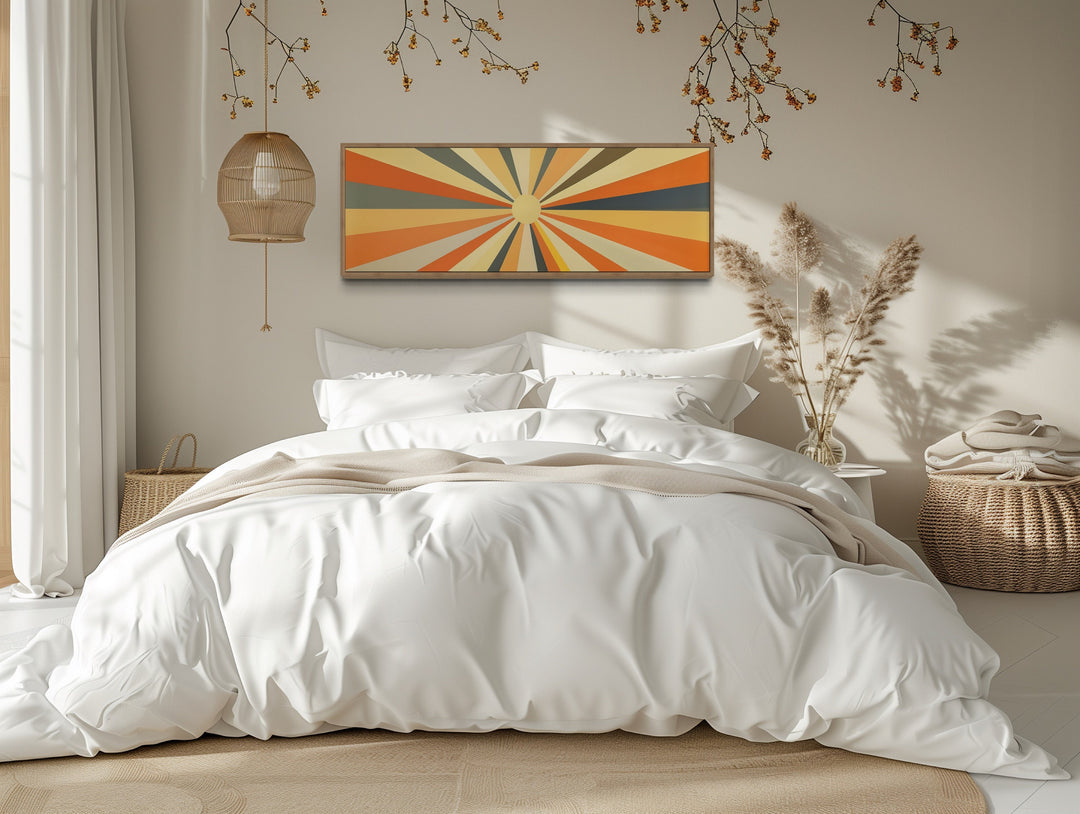 Mid Century Modern Neutral Sun Long Horizontal Framed Canvas Wall Art above neutral bed