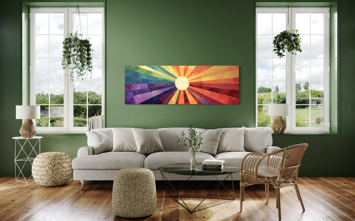 Mid Century Modern Purple Orange Sun Narrow Horizontal Wall Art in green room