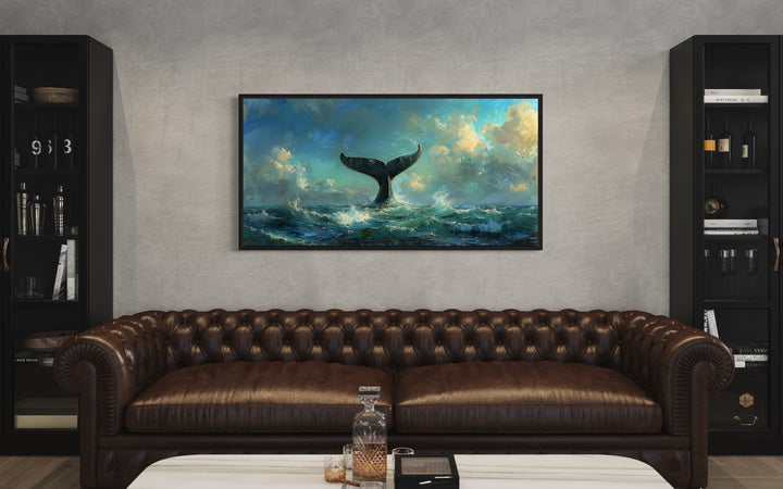 Whale's Tail In Ocean Nautical Framed Canvas Wall Art