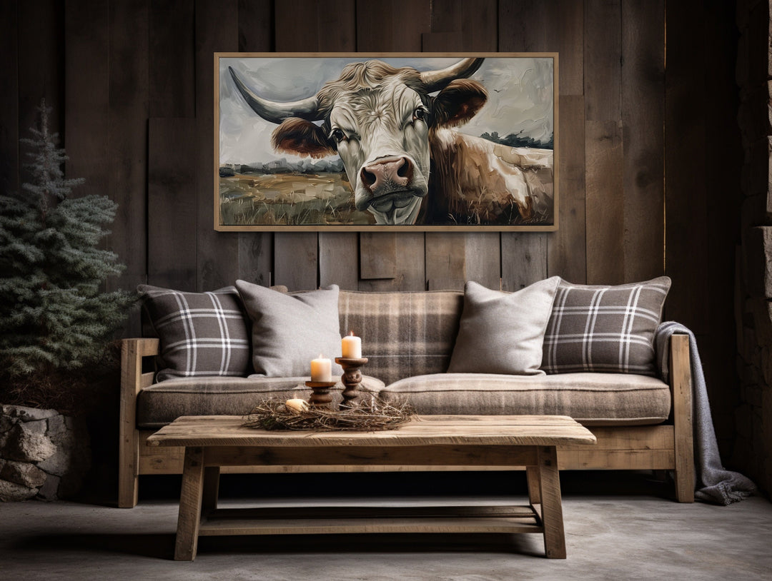 Curious Cow On The Farm Framed Canvas Wall Art in the farmhouse