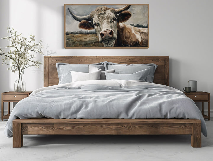 Curious Cow On The Farm Framed Canvas Wall Art above bed