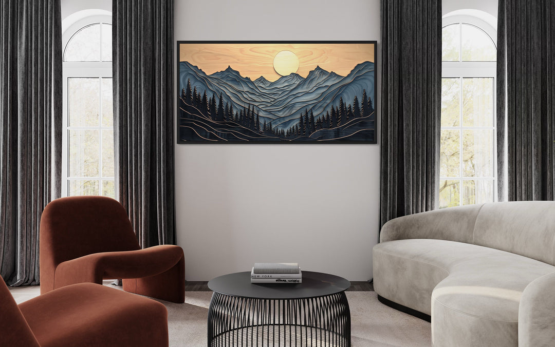 Grey Layered Wood Mountain Painting Framed Canvas Wall Art in living room