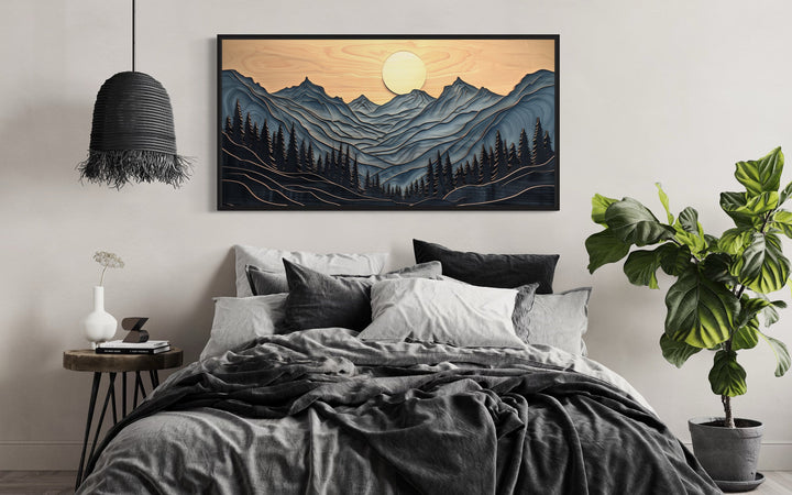 Grey Layered Wood Mountain Painting Framed Canvas Wall Art above bed