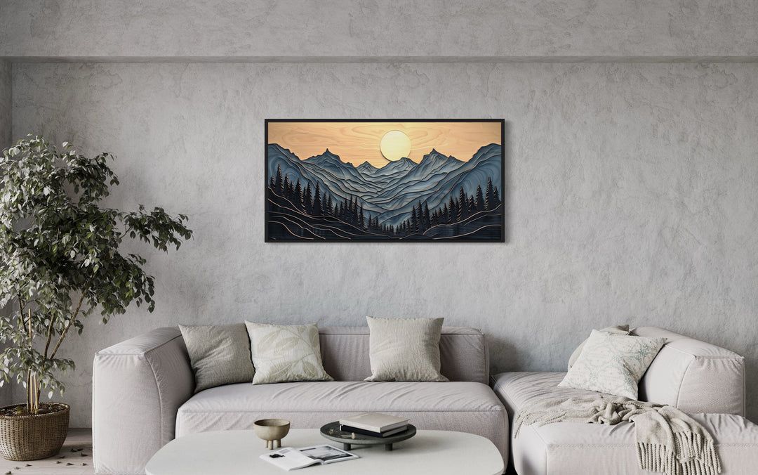 Grey Layered Wood Mountain Painting Framed Canvas Wall Art above grey couch