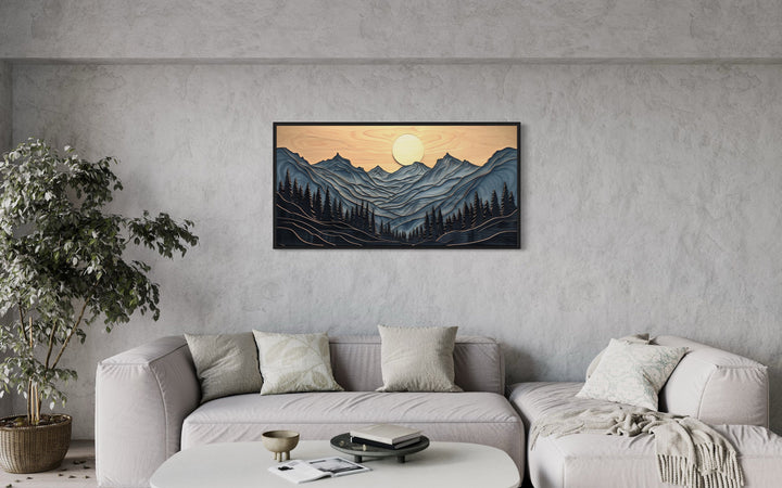 Grey Layered Wood Mountain Painting Framed Canvas Wall Art above grey couch